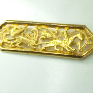 VINTAGE JJ SIGNED 1986 GOLD TONE Egyptian PANTHER Cats BROOCH